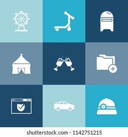 Modern, simple vector icon set on colorful blue backgrounds with fun, speed, wine, bus, holiday, data, hat, transport, ride, park, letter, folder, move, security, left, business, open, ferris icons