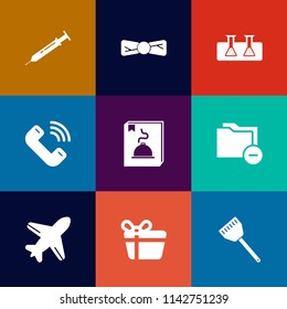 Modern, simple vector icon set on colorful flat backgrounds with needle, experiment, mobile, sign, chemistry, phone, equipment, test, present, aircraft, biology, tie, tool, medicine, fashion icons