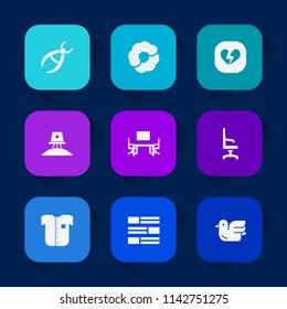 Modern, simple vector icon set on colorful long shadow backgrounds with internet, cake, tool, wildlife, chair, shirt, broken, bakery, space, muffin, dental, bird, love, clothing, exploration icons.