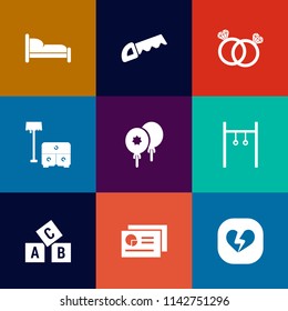Modern, simple vector icon set on colorful flat backgrounds with education, wedding, white, gift, broken, home, house, chart, bed, bright, romance, sofa, bedroom, graph, love, chair, interior icons
