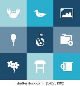 Modern, simple vector icon set on colorful blue backgrounds with file, equipment, home, delicious, seafood, armchair, picture, flight, cherry, animal, transparent, chair, city, business, lantern icons
