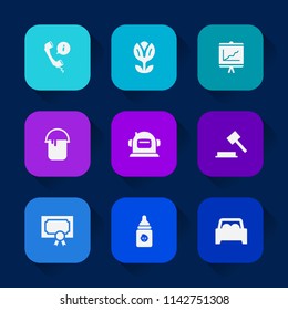 Modern, simple vector icon set on colorful long shadow backgrounds with certificate, judge, helmet, nature, graphic, achievement, science, report, petal, phone, vehicle, award, service, floral icons.