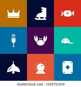 Modern, simple vector icon set on colorful flat backgrounds with king, lolly, fashion, seafood, stick, cap, food, game, play, activity, queen, lollipop, bottle, sweet, wine, headwear, restaurant icons