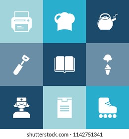 Modern, simple vector icon set on colorful blue backgrounds with chef, business, white, skating, library, box, cuisine, object, package, computer, care, sweet, shipping, food, printer, education icons