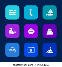 Modern, simple vector icon set on colorful long shadow backgrounds with bed, child, ship, furniture, chart, travel, food, nature, table, kid, sad, cake, baby, silhouette, cute, pie, boat, text icons.