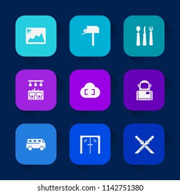 Modern, simple vector icon set on colorful long shadow backgrounds with bar, samurai, blank, kitchen, delivery, photo, picture, message, send, cloud, sword, frame, transportation, transport icons.