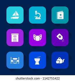Modern, simple vector icon set on colorful long shadow backgrounds with sea, space, business, research, care, laboratory, estate, building, microscope, science, chair, musical, beverage, infant icons.
