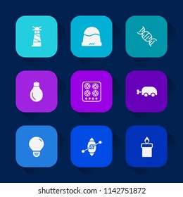 Modern, simple vector icon set on colorful long shadow backgrounds with electricity, headwear, baseball, style, cook, medicine, white, carriage, boat, building, sailboat, fashion, biology, baby icons.