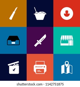 Modern, simple vector icon set on colorful flat backgrounds with market, equipment, data, location, dinner, restaurant, knife, file, supermarket, technology, noodle, folder, map, printer, ball icons