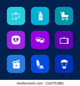 Modern, simple vector icon set on colorful long shadow backgrounds with ball, child, wallpaper, newborn, nursery, toy, balloon, ink, broken, black, play, street, kid, childhood, beer, tv, heart icons.