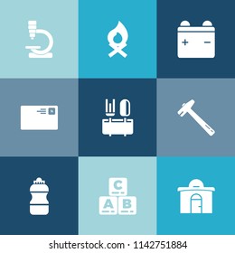 Modern, simple vector icon set on colorful blue backgrounds with mail, tool, internet, biology, wrench, estate, send, restaurant, fireplace, communication, virus, business, flame, house, hammer icons