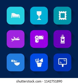 Modern, simple vector icon set on colorful long shadow backgrounds with food, road, couch, comfortable, toy, white, beverage, modern, plane, care, health, dinner, border, cocktail, travel, sign icons.