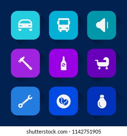 Modern, simple vector icon set on colorful long shadow backgrounds with travel, wrench, screwdriver, glass, automobile, object, transportation, power, caffeine, vehicle, light, energy, hammer icons.