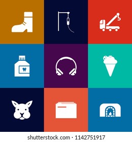 Modern, simple vector icon set on colorful flat backgrounds with technology, accident, car, document, cream, medicine, audio, footwear, sweet, fashion, dental, christmas, rabbit, tow, foot, file icons