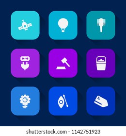 Modern, simple vector icon set on colorful long shadow backgrounds with discount, sky, extreme, justice, jump, spaceship, activity, energy, electricity, price, kayaking, law, planet, plug, care icons.