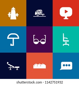 Modern, simple vector icon set on colorful flat backgrounds with speech, chat, healthy, media, home, video, armchair, eye, equipment, kitchen, box, caravan, journey, optical, fruit, fitness, web icons