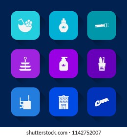 Modern, simple vector icon set on colorful long shadow backgrounds with toothpaste, aroma, cold, hygiene, perfume, liquid, work, fashion, dental, real, office, dinner, clean, toothbrush, female icons.