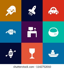 Modern, simple vector icon set on colorful flat backgrounds with bag, automobile, auto, vessel, food, travel, work, cooking, boat, table, kitchen, ship, white, business, object, sweet, alcohol icons