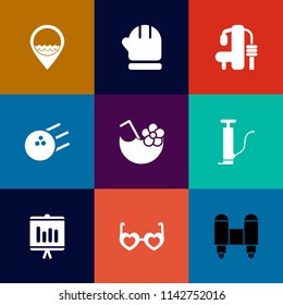 Modern, simple vector icon set on colorful flat backgrounds with hat, bowling, pump, drink, space, hippie, gym, scarf, exercise, cocktail, winter, fashion, report, business, sign, spaceship, map icons