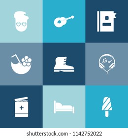 Modern, simple vector icon set on colorful blue backgrounds with cold, telephone, book, graphic, list, juice, instrument, fruit, fashion, bed, hipster, dessert, home, leather, technology, audio icons
