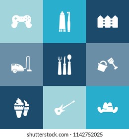 Modern, simple vector icon set on colorful blue backgrounds with fork, brush, headwear, play, domestic, white, gaming, clothing, toothpaste, music, joystick, housework, wooden, fence, guitar icons