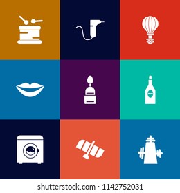 Modern, simple vector icon set on colorful flat backgrounds with extreme, orbit, sound, instrument, sky, drink, dessert, alcohol, violin, drum, technology, dentist, parachute, clinic, girl, sign icons