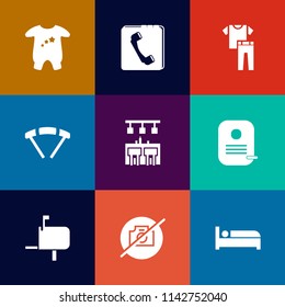 Modern, simple vector icon set on colorful flat backgrounds with cute, fly, bed, picture, book, sky, collection, no, post, parachute, air, child, message, sign, sport, textile, small, box, web icons