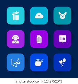 Modern, simple vector icon set on colorful long shadow backgrounds with sign, business, geisha, bag, web, white, internet, sport, technology, present, bow, luggage, report, annual, tag, mask icons.