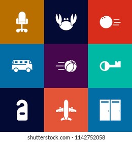 Modern, simple vector icon set on colorful flat backgrounds with home, label, furniture, hotel, business, hobby, street, office, game, food, football, recreation, fresh, entrance, transportation icons