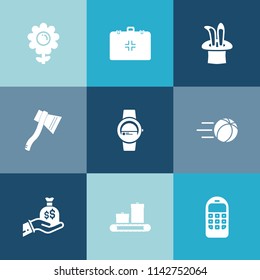 Modern, simple vector icon set on colorful blue backgrounds with blossom, time, tool, travel, watch, smart, health, game, sport, bag, nature, flower, star, luggage, medical, phone, white, petal icons