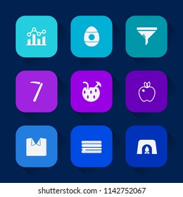 Modern, simple vector icon set on colorful long shadow backgrounds with fire, air, easter, cocktail, shirt, decoration, burger, healthy, conditioner, apple, filter, tool, juice, snack, sandwich icons.