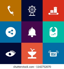 Modern, simple vector icon set on colorful flat backgrounds with child, web, infant, bell, internet, ferris, share, toy, wheel, beauty, ring, rattle, button, girl, telephone, art, alarm, baggage icons