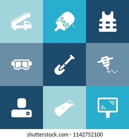 Modern, simple vector icon set on colorful blue backgrounds with drill, social, sign, boat, summer, beach, dessert, strawberry, sport, machine, contact, sea, cream, snorkel, white, equipment icons