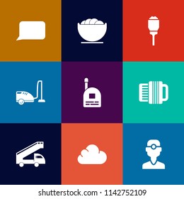 Modern, simple vector icon set on colorful flat backgrounds with speech, cloud, metal, electricity, lantern, light, truck, child, dentist, accordion, medicine, cooking, dental, plate, dish, fun icons