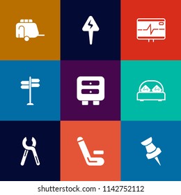 Modern, simple vector icon set on colorful flat backgrounds with tool, electricity, transportation, street, vehicle, competition, bed, map, pulse, home, car, business, repair, industrial, rate icons