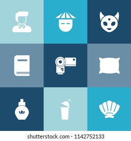 Modern, simple vector icon set on colorful blue backgrounds with boy, happy, man, people, casual, photography, female, seashell, women, beverage, nature, book, library, marine, technology, cup icons
