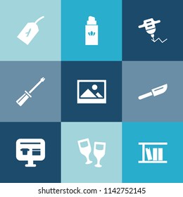 Modern, simple vector icon set on colorful blue backgrounds with aroma, alcohol, tag, glass, machine, luxury, sale, spray, cart, equipment, frame, dinner, perfume, label, fashion, red, cosmetic icons