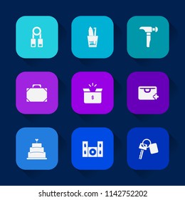 Modern, simple vector icon set on colorful long shadow backgrounds with toothpaste, training, cinema, hygiene, box, car, hammer, sale, bag, sign, technology, tooth, leather, auto, care, vehicle icons.