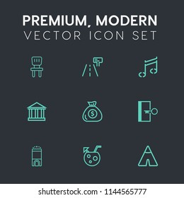 Modern, Simple Vector Icon Set On Dark Grey Background With Street, Traffic, Adventure, Greek, White, Armchair, Highway, Hotel, Sign, Finance, Escape, Tent, Music, Road, Travel, Sky, Cocktail Icons