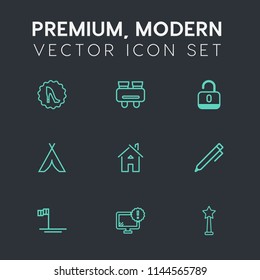 Modern, simple vector icon set on dark grey background with tent, blue, medal, desktop, success, protection, baja, ocean, heel, open, unlock, camp, glasses, watch, home, boots, frame, spy, pen icons