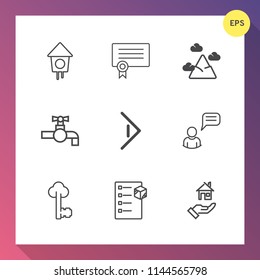 Modern, simple vector icon set on gradient background with business, right, water, old, chat, bathroom, metal, vintage, success, person, sink, arrow, cargo, box, landscape, house, wooden, nature icons