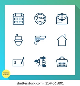 Modern, simple vector icon set on gradient background with wc, restroom, envelope, pay, day, mail, timetable, time, bathroom, estate, weapon, post, sign, operator, business, check, phone, pen icons