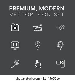 Modern, simple vector icon set on dark grey background with business, wrench, karaoke, location, repair, pc, hand, tripod, photo, internet, song, video, equipment, picture, map, railway, laptop icons