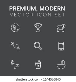 Modern, simple vector icon set on dark grey background with cell, champion, mobile, championship, winner, sign, sofa, phone, price, destination, victory, modern, glass, position, technology, cup icons
