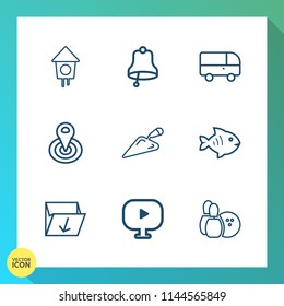 Modern, simple vector icon set on gradient background with shovel, home, waste, garden, trash, sign, alarm, ring, garbage, center, rubbish, sea, pin, transportation, construction, ball, bell icons