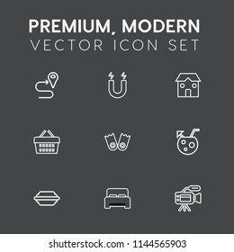 Modern, simple vector icon set on dark grey background with basket, underwater, pointer, food, bedroom, market, magnet, field, sport, juice, hamburger, flipper, location, double, store, summer icons