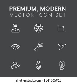Modern, simple vector icon set on dark grey background with idea, element, creative, summer, geometry, email, spaceship, mouth, sign, user, business, medical, ear, science, bikini, send, concept icons