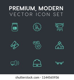 Modern, simple vector icon set on dark grey background with metal, pump, tin, search, hat, letter, skateboard, cap, head, extreme, fashion, beautiful, heel, megaphone, footwear, skate, vision icons
