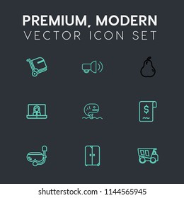 Modern, simple vector icon set on dark grey background with sale, summer, fish, tipper, transportation, sign, fresh, interior, cupboard, furniture, white, internet, mask, water, journey, home icons