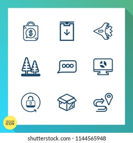 Modern, simple vector icon set on gradient background with jetliner, cardboard, discount, tag, arrow, speech, shop, button, sign, jet, box, open, landscape, new, lock, chat, infographic, website icons